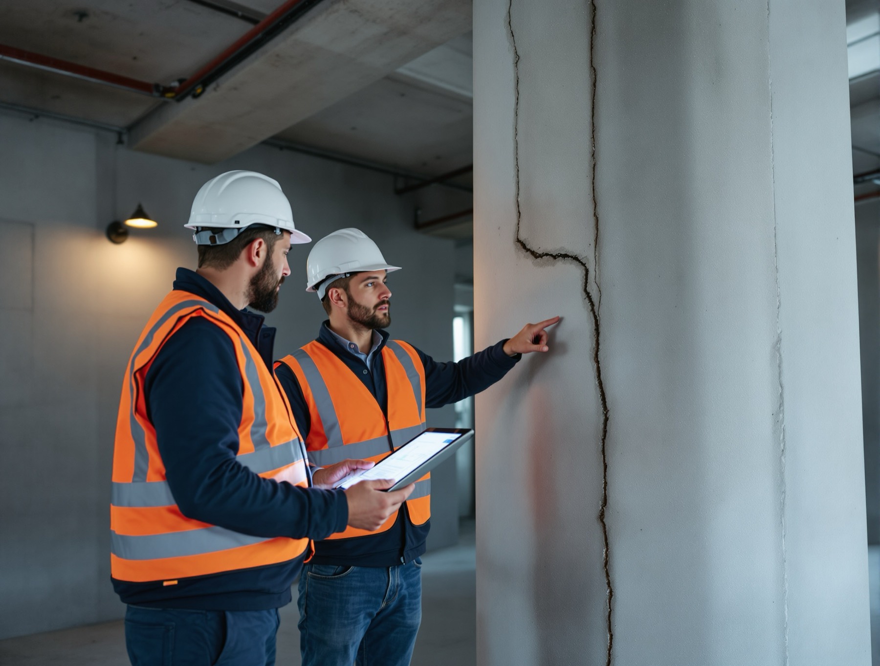 Engineers examining a crack in a reinforced concrete column inside an existing building