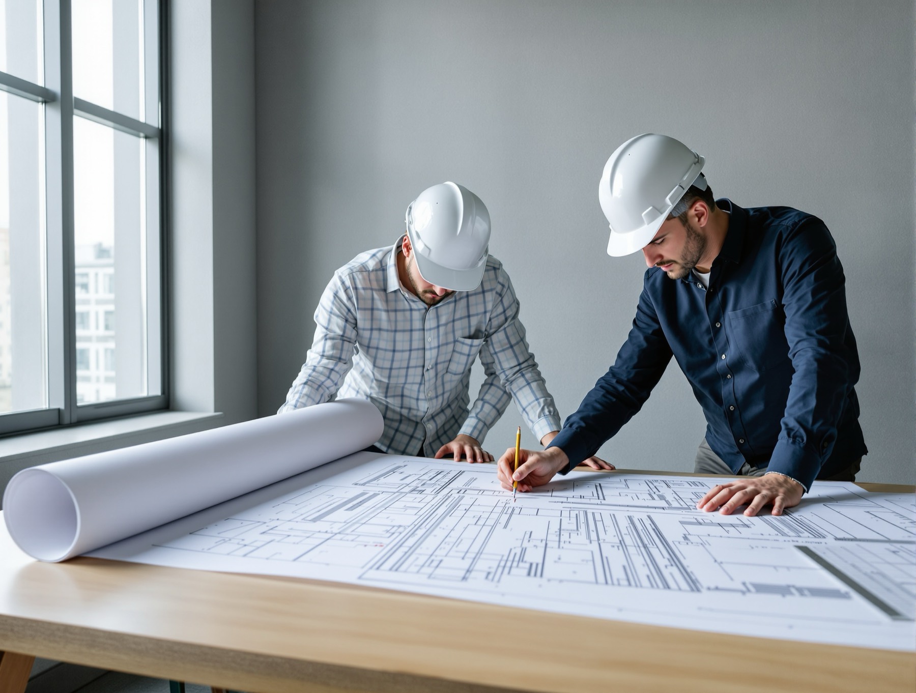 Structural drawings and an analysis model on an engineer's desk