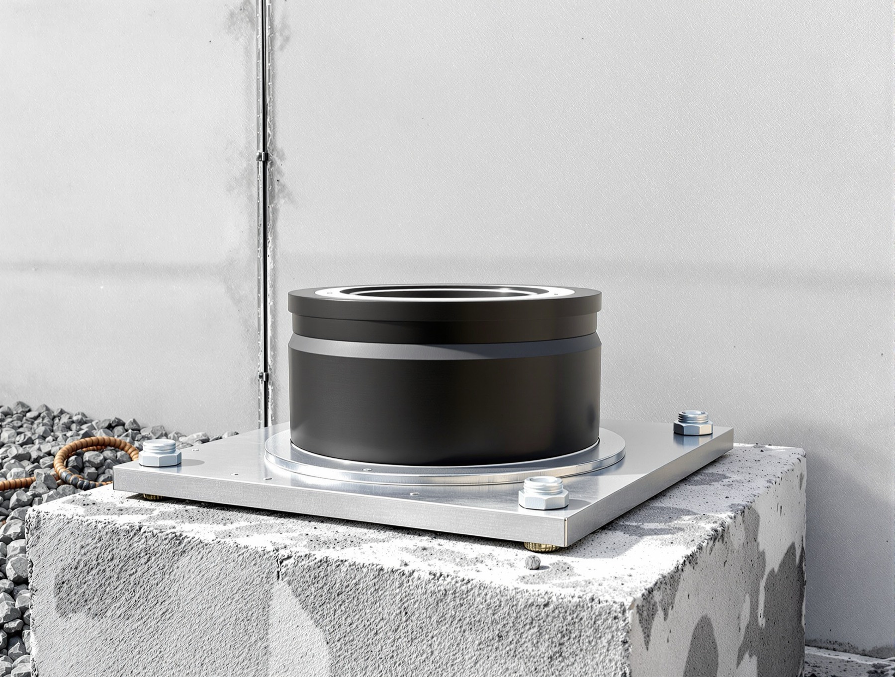 Elastomeric seismic isolation bearing installed on its foundation pedestal