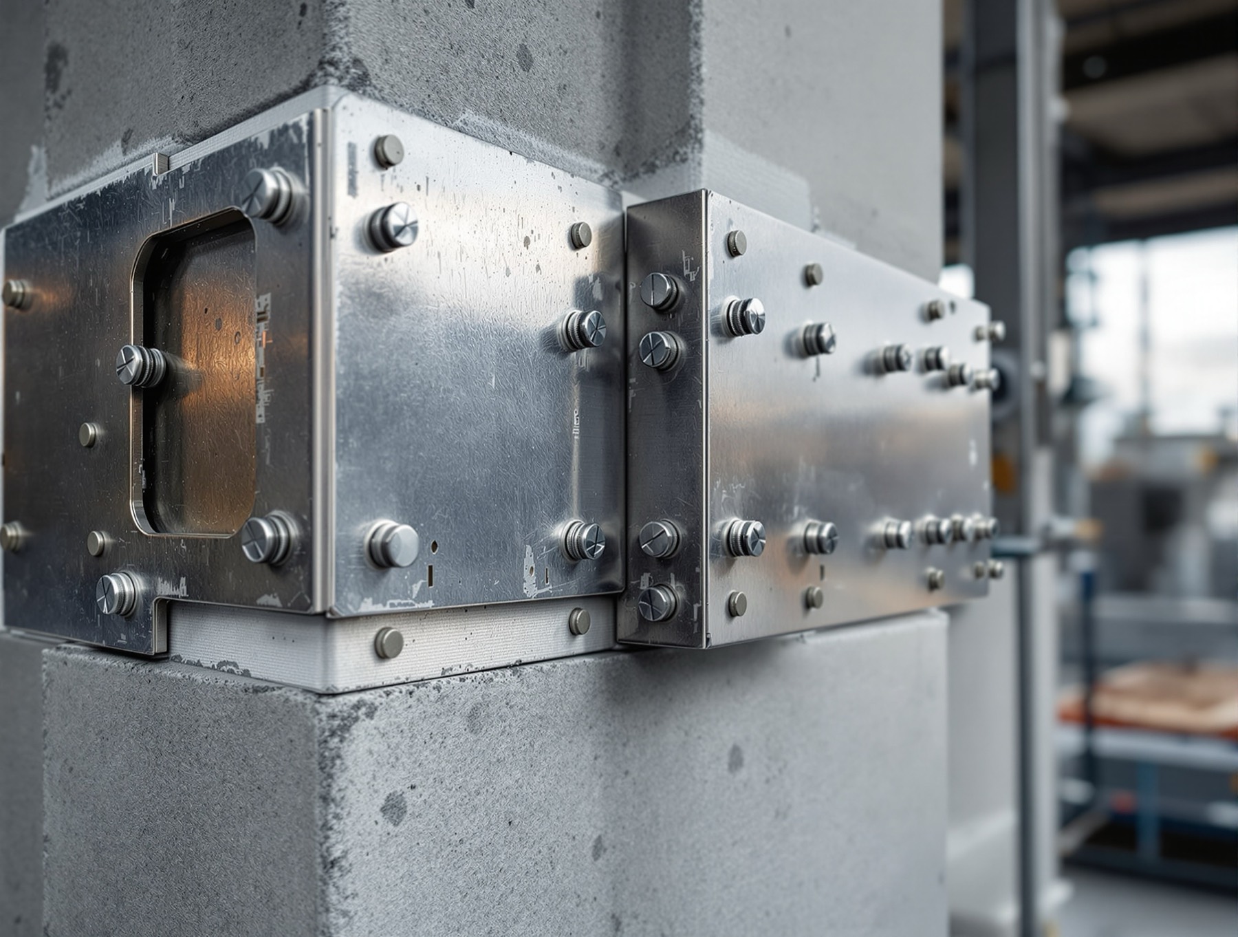 Steel jacketing bolted around a reinforced concrete column as seismic strengthening